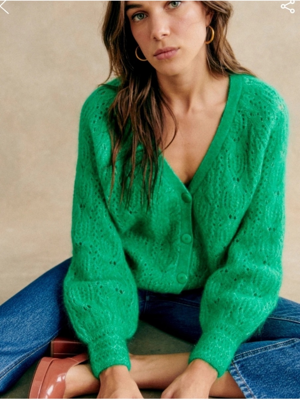 Sezane Vibrant Green V-Neck Buttoned Knit Cardigan